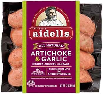 Aidells Smoked Chicken Sausage Artichoke and Garlic 12 oz 4 Links by Aidells Sausage - American Made