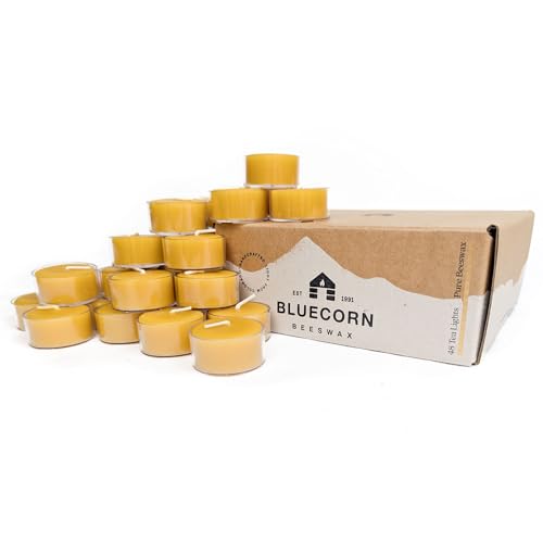 Bluecorn Beeswax Tea Light Candles, Raw Yellow, Clear Cups, 48 Pack | 100% Pure Natural Bees Wax, Unscented, P by Bluecorn Beeswax - American Made