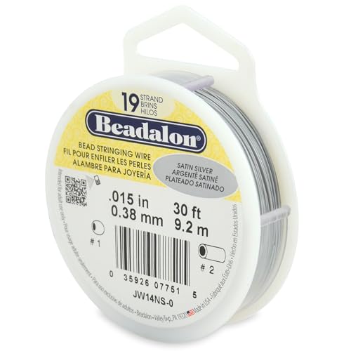 Beadalon Bead Stringing Wire - .015 in / .38 mm, Satin Silver, 30ft / 9.2m | 19 Micro-Wire Strands, Nylon-Coat