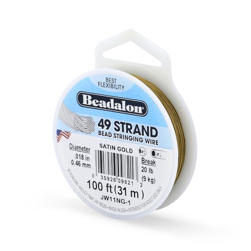 Beadalon 49 Strand Bead Wire - .018in / 0.46mm, Satin Gold, 100ft / 31m | 49 Micro-Wire Strands Offer Greater