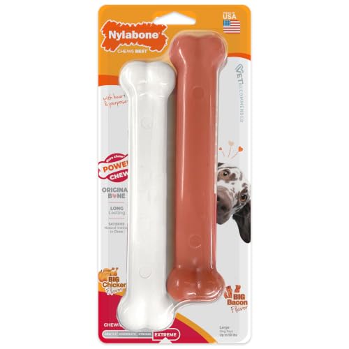 Nylabone Power Chew Original Bone Dog Toys, Chicken & Bacon Flavor, 2 Count