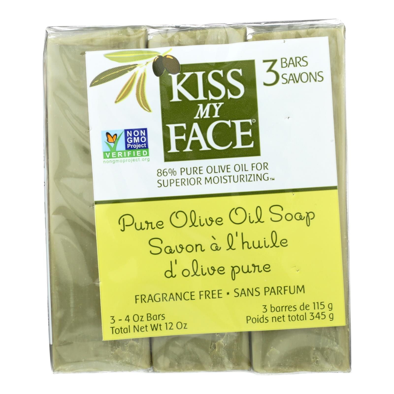 Kiss My Face Olive Oil Bar Soap Fragrance Free 4oz 3-Count by Kiss My Face - American Made