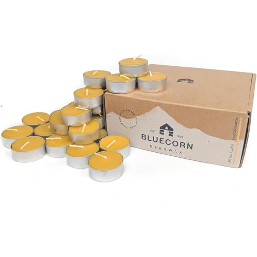 Bluecorn Beeswax Tea Light Candles, Raw Yellow, Metal Cups, 48 Pack | 100% Pure Natural Bees Wax, Unscented, P by Bluecorn Beeswax - American Made
