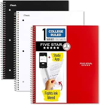Five Star Spiral Notebooks 3-Pack 1-Subject College Ruled Black White Red by Five Star - American Made