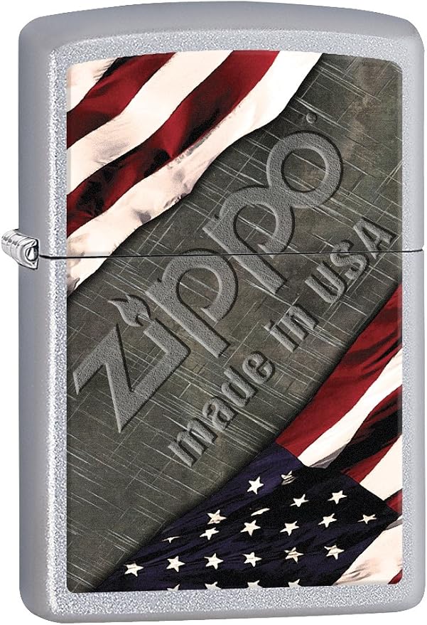 Zippo American Flag and Metal Pocket Lighter Satin Chrome by Zippo - American Made
