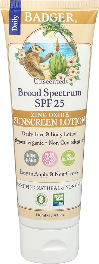 Badger SPF 25 Sunscreen Lotion, Unscented, 4 fl oz