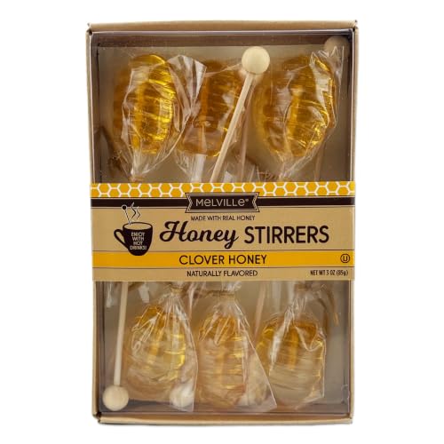 Melville Candy Honey Spoons for Tea, Honey Dipper, 6 Count Gift Set | Gift box of real honey spoons on wooden