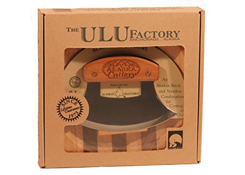Alaska Ulu Knife Set Curved Knife with Wood Handle plus Chopping Board Mezzaluna Made in Alaska USA Ulu Factor