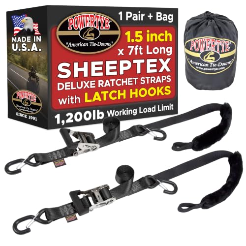 PowerTye Motorcycle Ratchet Straps 1.5in - 7ft 2 Latch Hooks, Black (Pair) | Woven nylon tie-down set for ATVs by PowerTye - American Made