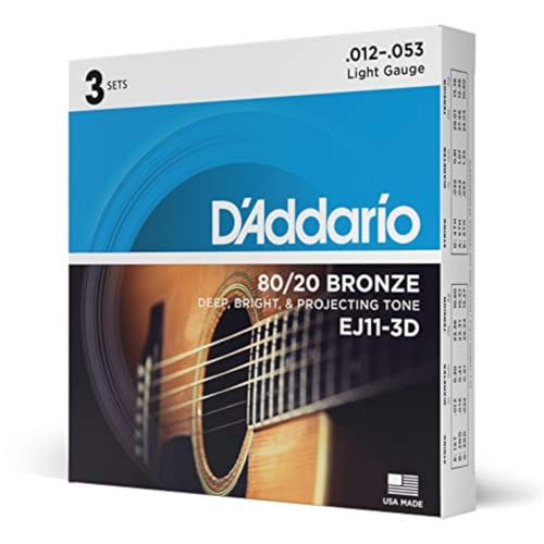 D'Addario EJ11-3D 80/20 Bronze Acoustic Guitar Strings, Light 12-53, 3 Sets