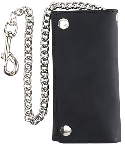 RFID Blocking Men's Tri-fold Vintage Long Style Cow Top Grain Leather with Steel Chain Wallet,Snap closure,G-b