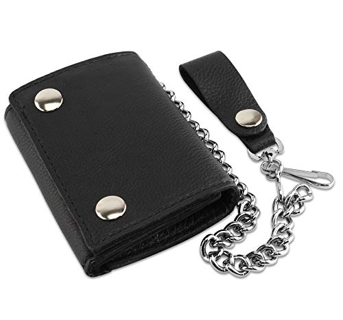 RFID Blocking Men's Tri-fold Vintage Biker Cowhide Leather Steel Chain Wallet,Snap closure,GL315,black