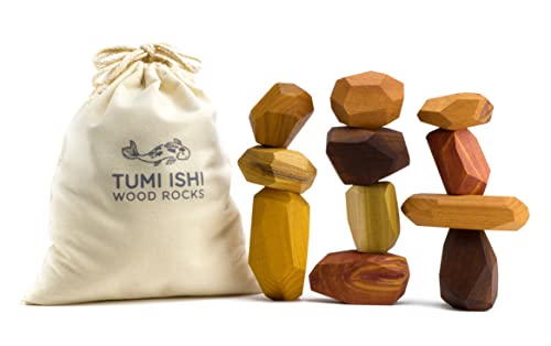 Tumi Ishi 11 Piece Wood Rock Set - Mixed Wood Species - Balancing Blocks - Natural Wood Toy - Organic Jojoba O