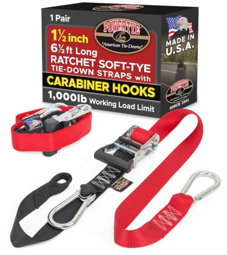 PowerTye 1.5 inch x 6.5ft Ratchet Straps w/Carabiners, Red/Black Pair, Heavy Duty Rubber Handle Ratchet with B