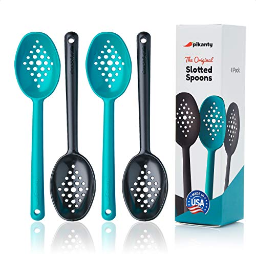Olive and Pickle Spoon Set of 4, 7-Inch Small Slotted Serving Utensils for Jars, Teal and Black, Perfect for O