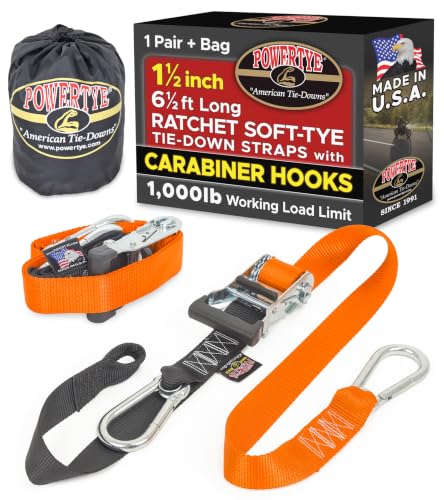 PowerTye 1.5 inch x 6.5ft Ratchet Straps w/Carabiners, Orange/Blk Pair+Bag, Heavy Duty Rubber Handle Ratchet w by PowerTye - American Made