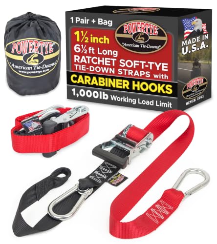PowerTye 1.5 inch x 6.5ft Ratchet Straps w/Carabiners, Red/Black Pair+Bag, Heavy Duty Rubber Handle Ratchet wi