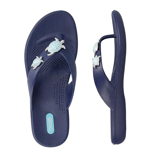Oka-B Women's Elle Theresa Flip Flop,Sapphire with Sea Turtle Charms, Medium, Size 6.5-7.5 M