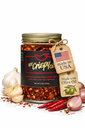 Hot Crispy Oil - Spicy Chili Crisp Blend of Olive Oil, Fresh Crispy Garlic, Shallots & Hot Chili Peppers - Des