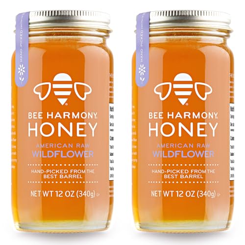 Bee Harmony American Raw Wildflower Honey, 12 oz Glass Jar (Pack of 2)