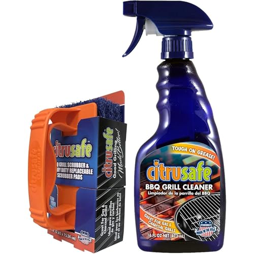 CitruSafe Grill Cleaning Kit - BBQ Grill Cleaner (16oz) and BBQ Grill Scrubber with 3 Heavy Duty Replaceable S
