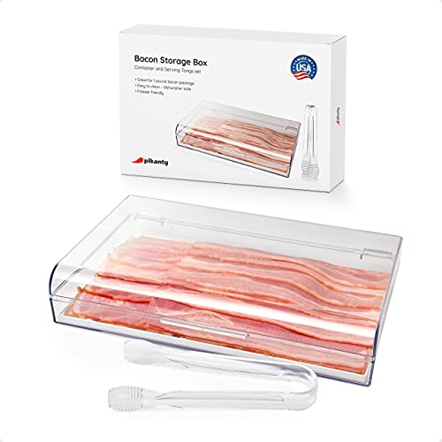 Pikanty Bacon Container for Refrigerator with Tongs & Drain Tray — Airtight Deli Meat Keeper, Cheese & Cold Cu