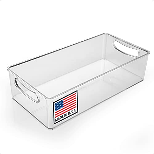 Pikanty Clear Refrigerator Organizer Bin with Handles — 11 Inch Compact Stackable Fridge and Pantry Storage Co