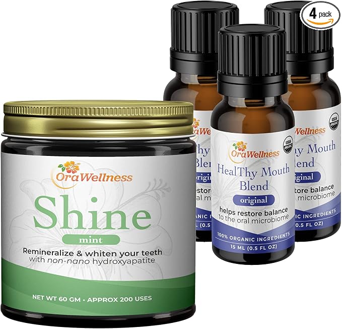 OraWellness Shine Remineralizing Tooth Powder Mint + HealThy Mouth Blend Bundle, 4-Pack by OraWellness - American Made