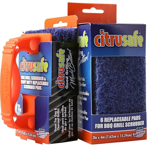 Citrusafe Grill Scrubber and Refill Kit - Heavy Duty Plastic Handle with 3 Pack of Scrubber Pads plus 6 Pack R
