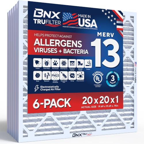 BNX TruFilter 20x20x1 Air Filter MERV 13 Smoke, Allergy, Pet Defense 6-Pack | Actual Size: 19.69 x 19.69 x 0.7
