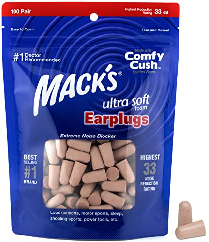 Mack's Ultra Soft Foam Earplugs, 100 Pair Bag - 33dB Highest NRR, Comfortable Ear Plugs for Sleeping, Snoring