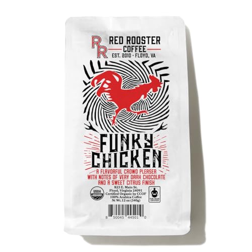 Red Rooster Coffee, Organic Funky Chicken Coffee – Medium-Dark Roast Whole Bean – Notes of Pecan Praline, Milk