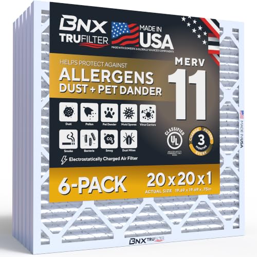 BNX TruFilter 20x20x1 Air Filter MERV 11 Allergy, Dust & Pet Defense 6-Pack | Actual Size: 19.69 x 19.69 x 0.7 by BNX - American Made