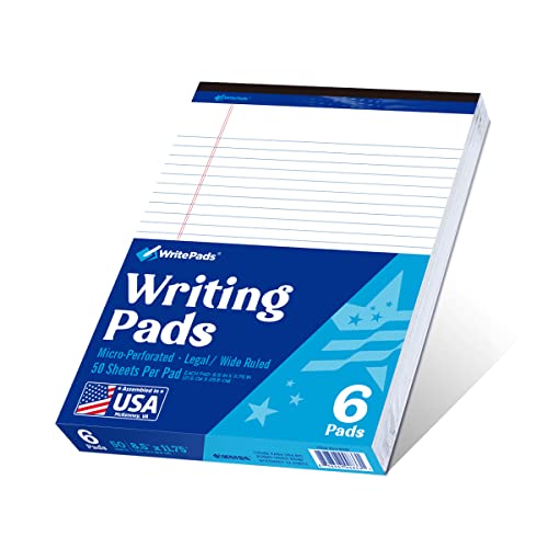 6 Pack Legal Note Pads Wide Ruled 8.5" x 11" Writing Pads (50 Sheets/Pad) White Recycled Paper Micro-Perforate