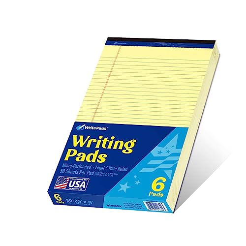 WritePads Legal Pad 8.5"x14" Note Pad,Wide Ruled Writing Pad,Canary Paper,6 Pack,50 Sheets Per Pad,Micro perfo