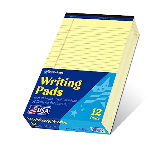 WritePads Legal note pads 8.5"x14" Legal Pads,Wide Ruled,Canary Paper,12 Pack,50 Sheets Per Writing Pad,Micro