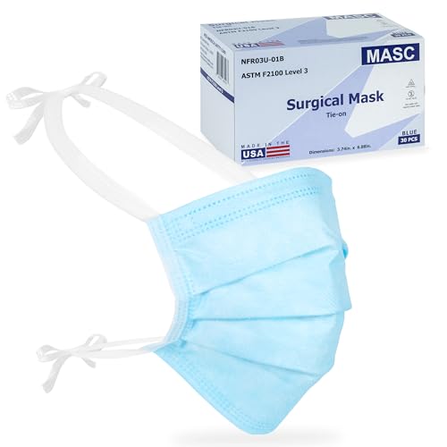 MASC Mid-America Safety Corp Made-in-USA, Blue 3-Ply Tie On Face Mask - ASTM Level 3, Procedure Face Mask 2119