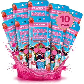 BobaVida Strawberry Popping Boba 10 Packets with Straws