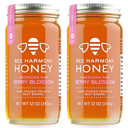 Bee Harmony American Raw Berry Blossom Honey, 12 oz Glass Jar (Pack of 2)