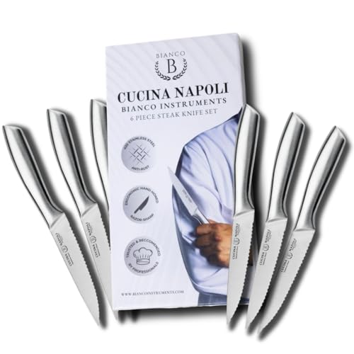 Cucina Napoli Hand Sharpened Steak Knives | 6-Piece Set | High Carbon Stainless Steel| Serrated Steak Knives