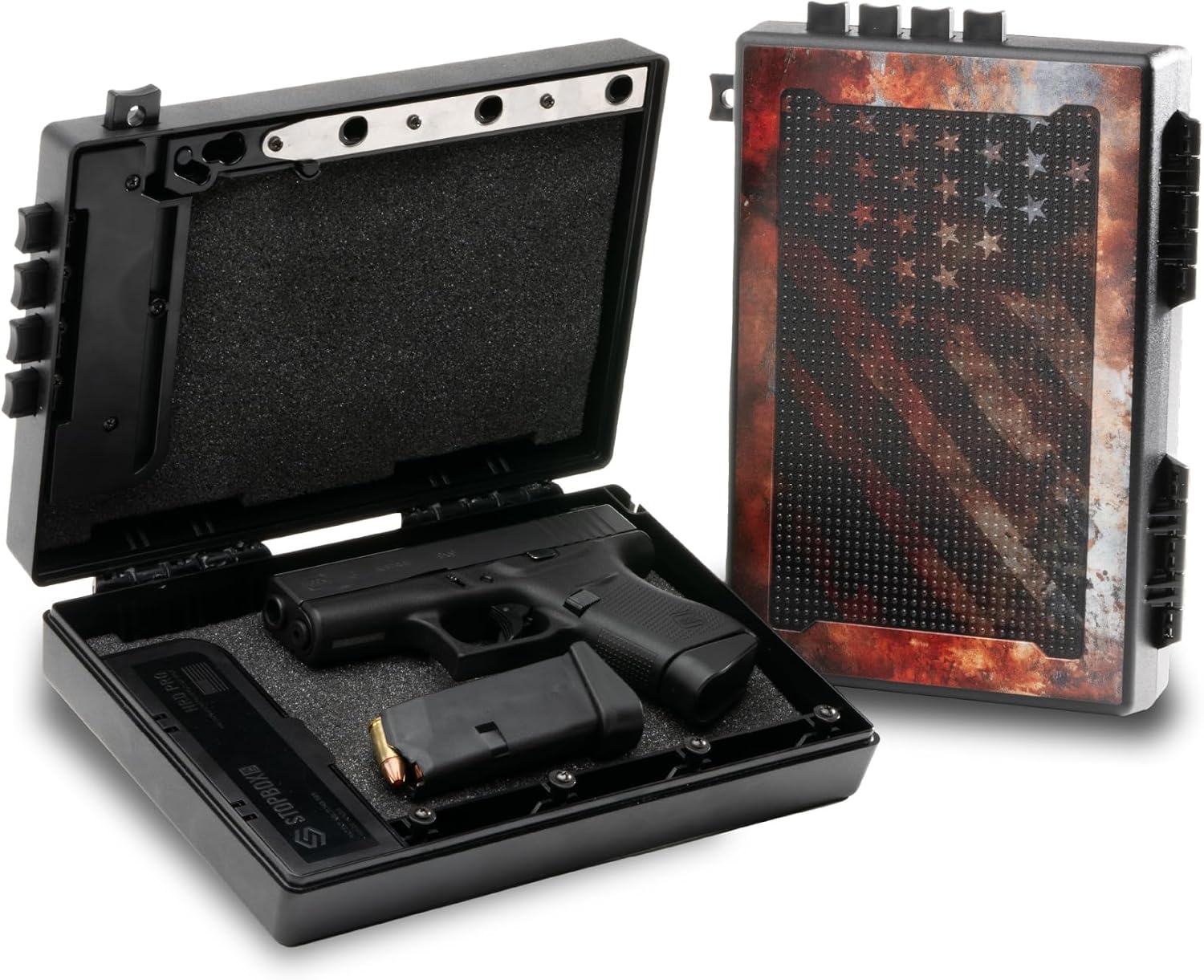 StopBox Instant-Access Handgun Lockbox, Compact, Rustic Flag + Black (2-Pack)