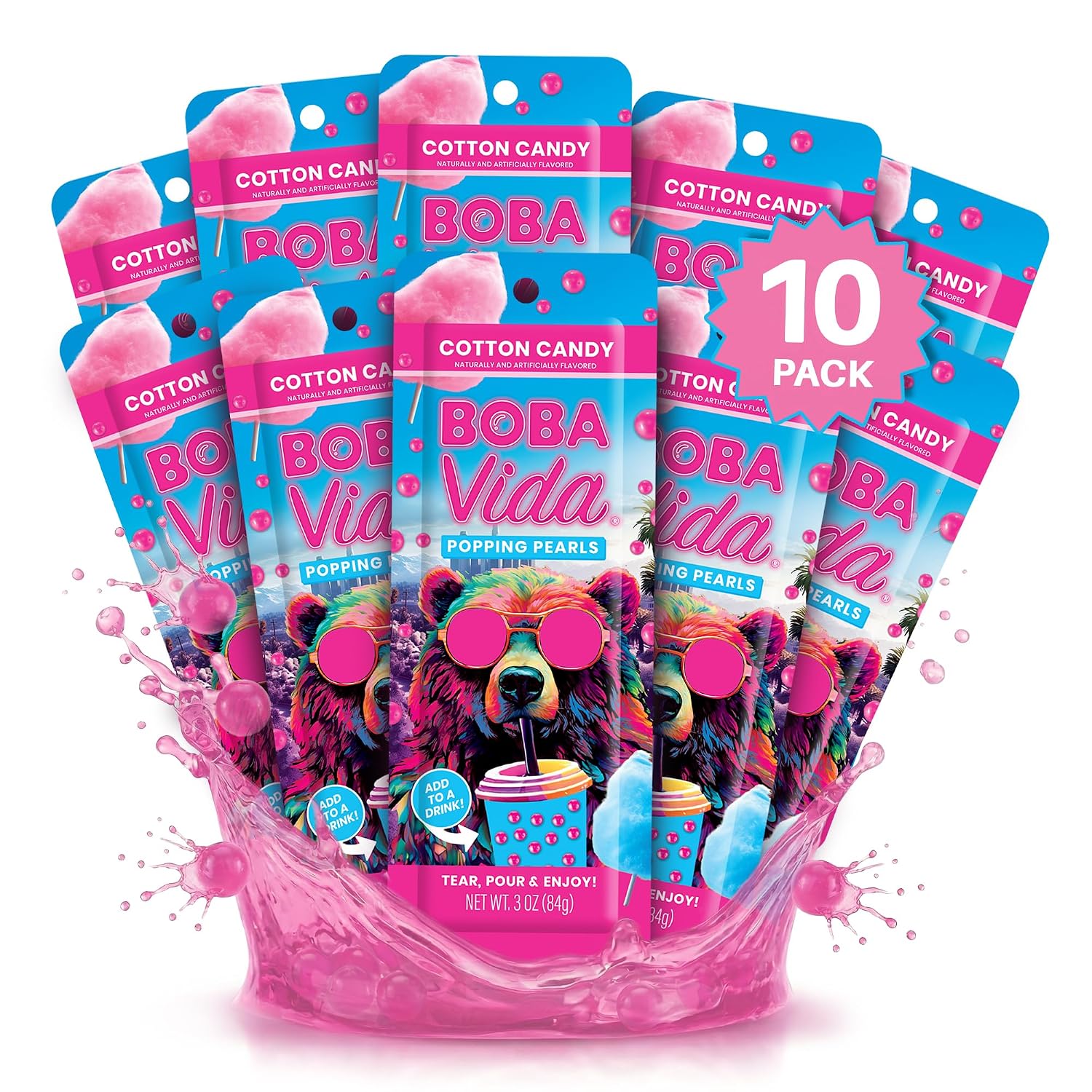 BobaVida Cotton Candy Popping Boba 10 Pack with Straws