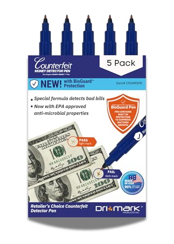 Dri Mark 5 Pack Counterfeit Bill Detector Marker Pen with Bioguard, Pocket Size, Fake Money Checker - Money Lo