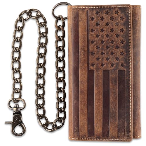 F&L CLASSIC RFID Blocking Mens Tri-fold Long Style Cowhide Leather Steel Chain Wallet,brown flag,212-100