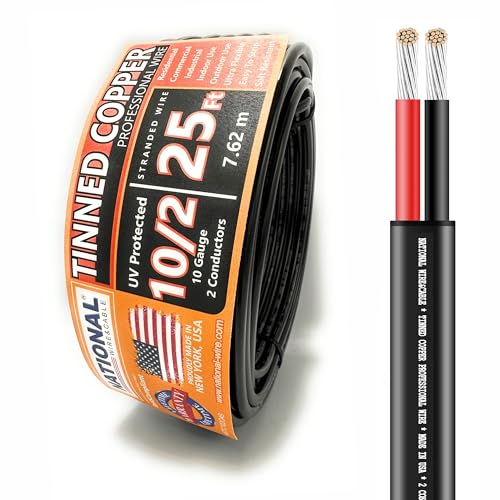 National Wire&Cable - 10/2 Tinned Copper Professional Wire (25 Feet) 10 AWG Gauge Stranded PVC Cord - 2 Conduc