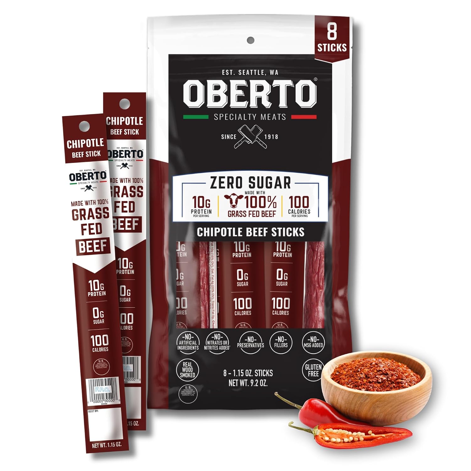 Oberto Grass Fed Beef Sticks Chipotle, Zero Sugar, 1.15 oz (Pack of 8)