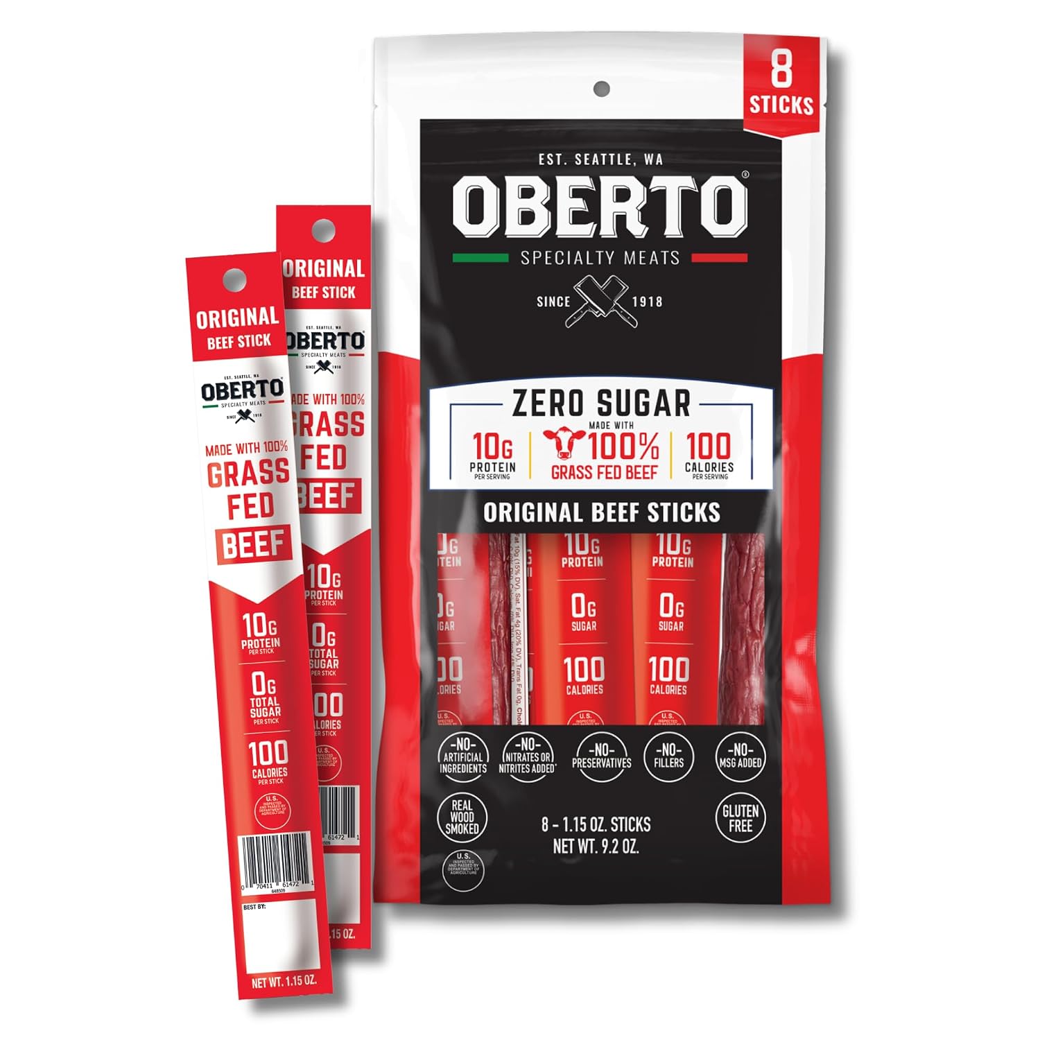 Oberto Grass Fed Beef Sticks Original, Zero Sugar, 1.15 oz (Pack of 8)