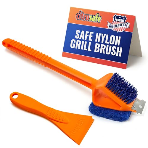 CitruSafe 3in1 Nylon Grill Brush with Cookbox Scraper- Non Metal, No Wire Bristles, Safe BBQ Brush for Outdoor
