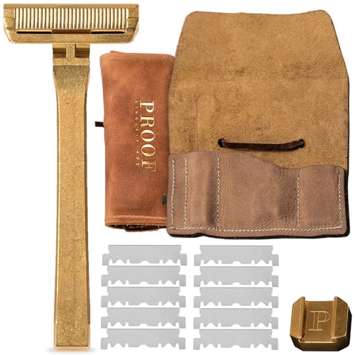 PROOF Single Blade Safety Razor for Men - Brass - Mild Shave, Precision CNC Machined, Heavier Weight for Contr