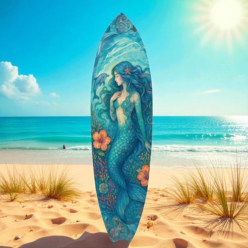 JennyGems Mermaid Surfboard Wall Art | Weatherproof PVC Coastal Decor | Indoor/Outdoor Watercolor Mermaid with